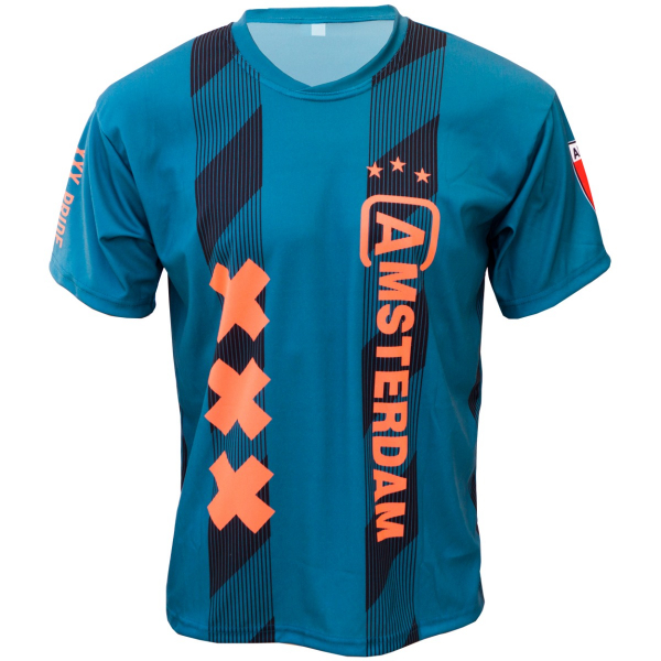 Voetbalshirt 'Amsterdam uit groen en oranje bedrukken' voorkant